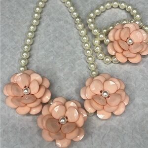 Elegant costume faux Pearl and Peach Flower Necklace and bracelet Set